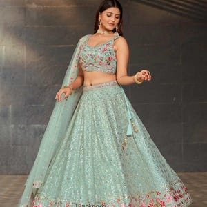 May include: A light green, sleeveless, embroidered lehenga with a matching dupatta. The lehenga features floral embroidery in pink and red along the hemline and bodice. The text "Blacknooz" is visible on the skirt.
