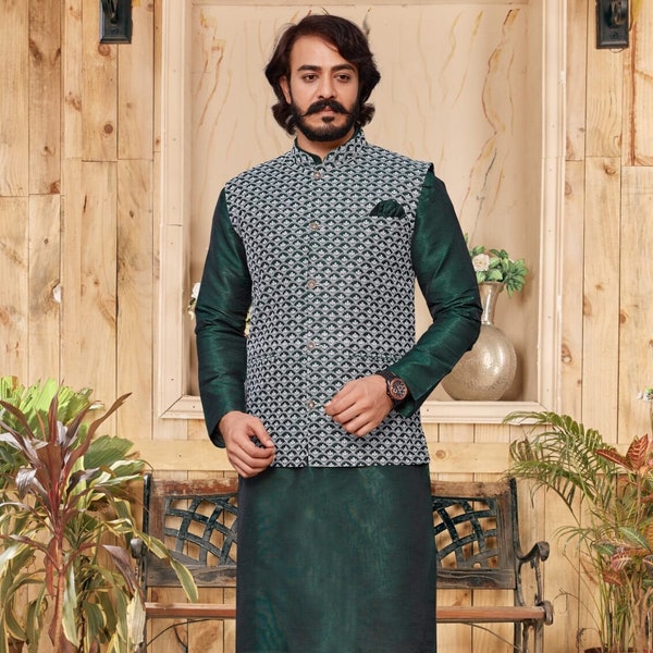 Green Mens Kurta Pajama With Koti indian wedding wear kurta payjama set Party Wear kurta ready to wear mehendi function wear men's kurta