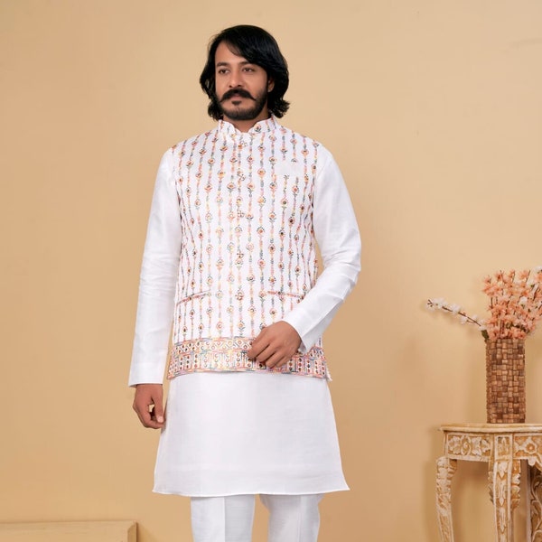 Ensemble de pyjama Kurta blanc pour hommes vêtements de mariage indiens kurta payjama ensemble avec veste vêtements ethniques indiens kurta party wear prêt à l’emploi kurta ensemble