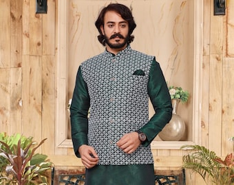 Green Mens Kurta Pajama With Koti indian wedding wear kurta payjama set Party Wear kurta ready to wear mehendi function wear men&#39;s kurta
