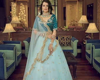 Sky Blue Net Lehenga Choli Set : Indian Wedding Party Wear Lehengas