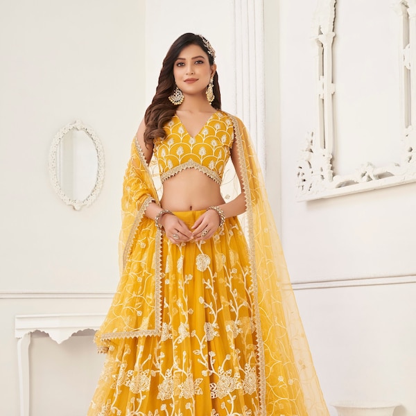 Designer yellow lehenga choli for women ready made indian wedding lehngha choli haldi function wear lengha choli custom made chaniya choli