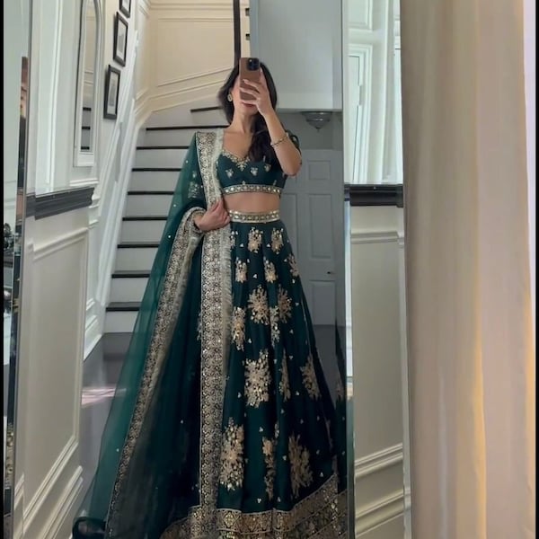 Lehenga choli vert pour les femmes, tenues de mariage indiennes, tenues de soirée nuptiales, tenues de réception lehengas, tenues de fonction mehendi