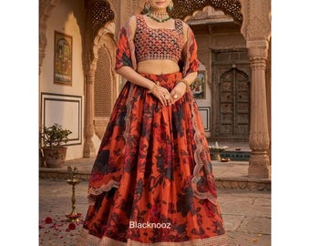 Orange Floral Lehenga Choli: Indian Wedding Wear, Embroidered Border Party Wear Lehengas