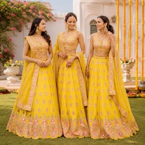 Gula haldi-funktionskläder Lehenga Choli: Indiska bröllopsfestkläder