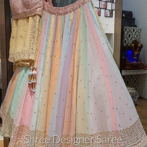 May include: A rainbow-coloured skirt with a gold embroidered border and a matching pink blouse. The skirt is made of a sheer fabric and has a flowing silhouette. The text "Shree Designer Saree" is visible at the bottom of the skirt.