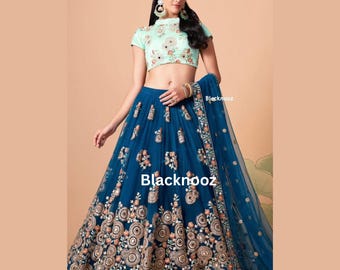 Blue Embroidered Lehenga Choli: Indian Wedding Party Wear