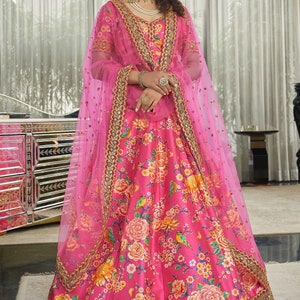 Pink Floral Silk Lehenga Choli: Indian Bridal Wedding Lengha