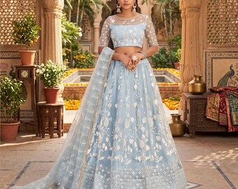Pastel sky blue Net thread work and sequence work lehenga choli for women designer indian wedding wear lengha choli party wear chaniya choli