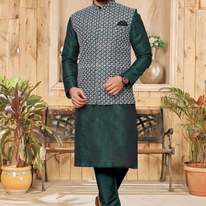 Green Mens Kurta Pajama With Koti indian wedding wear kurta payjama set Party Wear kurta ready to wear mehendi function wear men's kurta image 2