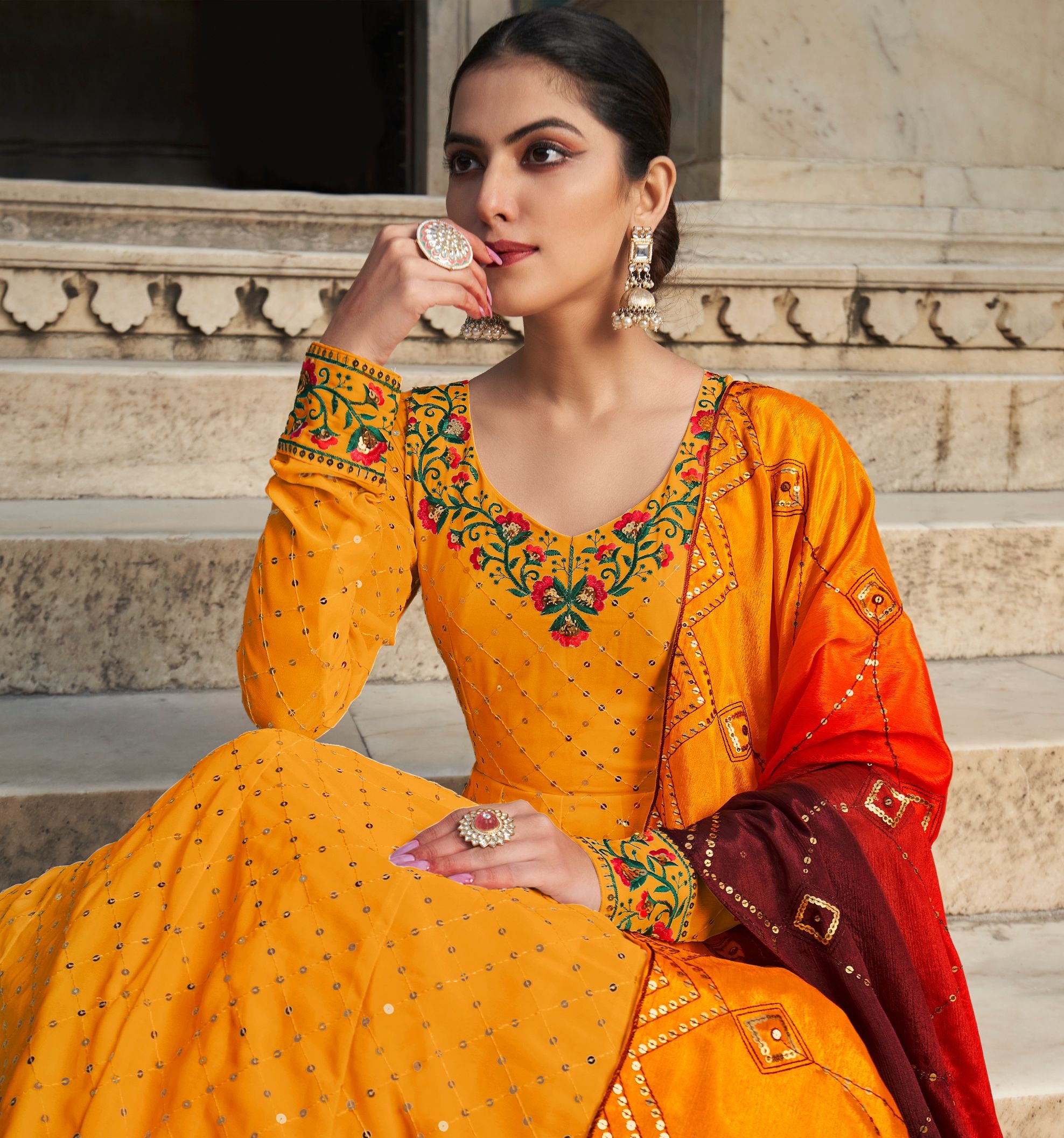 Orange anarkali gown hot sale