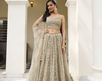 Dusty green Lehenga Choli Set : Thread & Zari Work Indian Wedding Wear