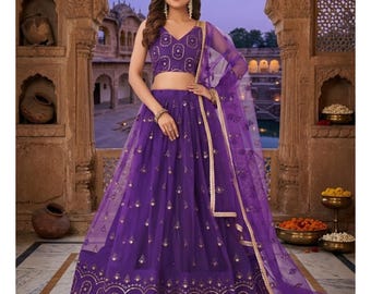 Purple Net Lehenga Choli: Indian Wedding Sangeet Wear