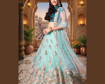 Sky Blue Lehenga Choli: Indian Wedding Wear, Mirror & Embroidery