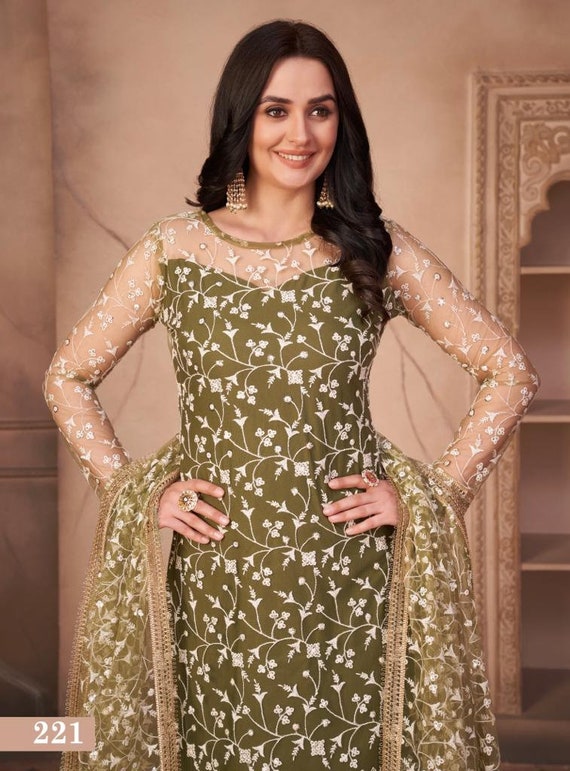Pleasing Women Green Embroidered Kurta with Trousers & Dupatta– Inddus.in