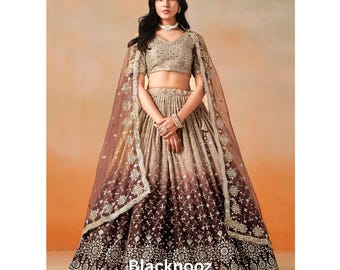 Brown Ombre Lehenga Choli Set: Silver Zari Embroidered Indian Wedding Wear
