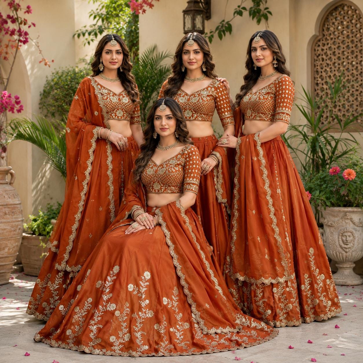 Orange Silk Lehenga Choli: Mirror Zari Embroidery, Wedding Guest Wear