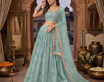 Ocean Blue Lehenga Choli: Indian Wedding Wear, Mirror Handwork Sangeet Night Wear Lehengas