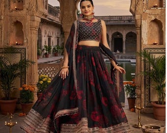 Black Floral Lehenga Choli: Indian Wedding Sangeet Outfit