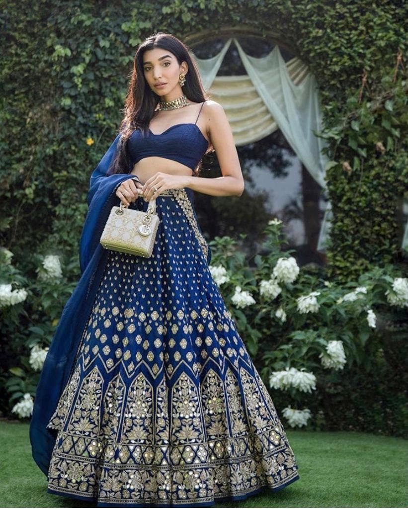 Navy Blue Pure Rayon Canvas Patta Embroidered Mirror Work Lehenga Choli