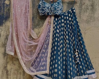 Banarasi Blue Chanderi Georgette Lehenga Choli: Embroidered Silk Blouse, Net Dupatta