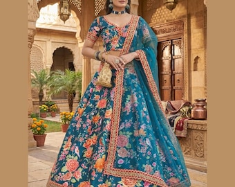 Teal Blue Floral Art Silk Lehenga Choli Set for Women, Indian Wedding Party Wear