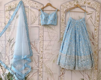 Sky Blue Lehenga Choli: Georgette Thread Embroidery Indian Wedding Guest Wear