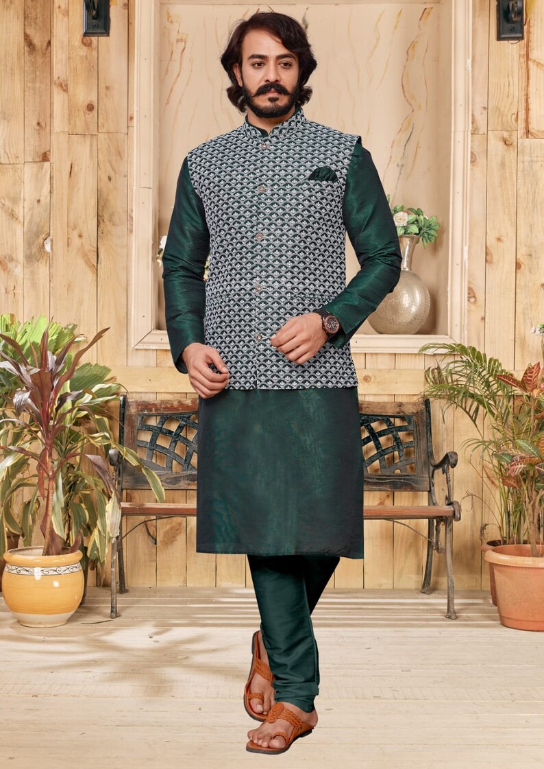 Green Mens Kurta Pajama With Koti indian wedding wear kurta payjama set Party Wear kurta ready to wear mehendi function wear men's kurta image 6