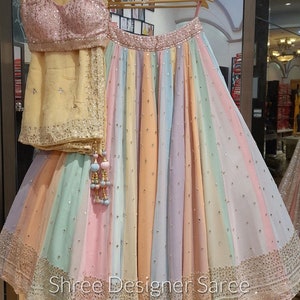 May include: A multi-coloured, rainbow-striped skirt with a matching pink embroidered blouse. The skirt is made of a sheer fabric and is decorated with sequins. The text "Shree Designer Saree" is visible at the bottom of the image.
