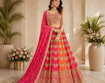 Halvsydd räv Georgette Lehenga Choli: Paljettbesatt indiskt bröllopskläder