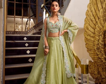 Pistachio Green Lehenga Choli: Indian Wedding Wear, Sequins Embroidery