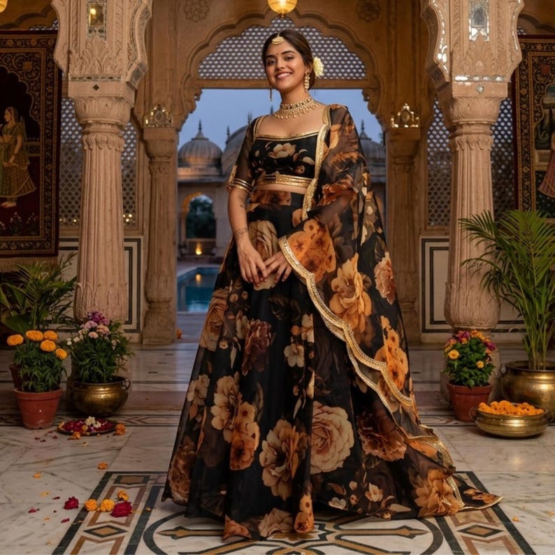 Floral Organza Lehenga Choli: Indian Wedding Guest Wear Party Wear Lehengas image 1