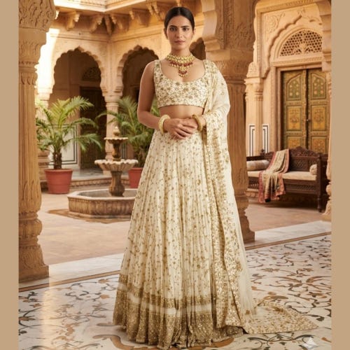 White Embroidered Lehenga Choli: Bridal Party Wear, Festival, Sangeet Function