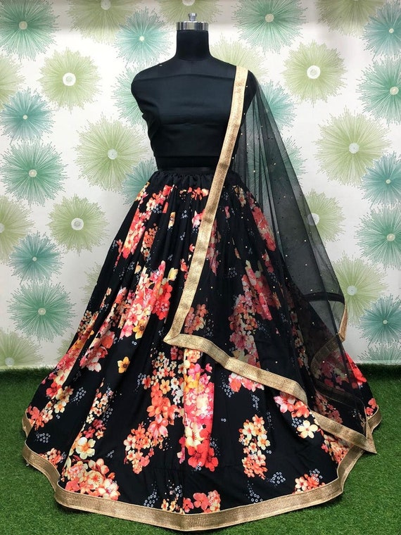 Buy Black Floral Print Lehenga Choli for Women Indian Wedding Wear