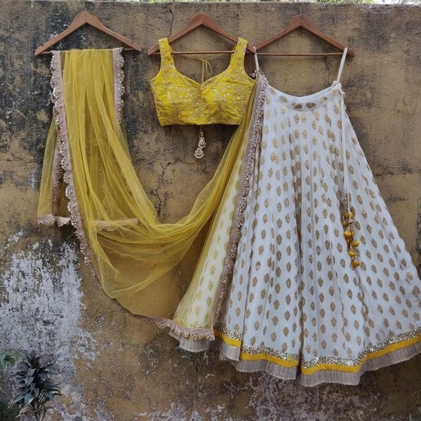 Designer Yellow & white lehenga choli for women or girls party wear indian wedding lehnga choli haldi function wear chaniya choli ghagra cho