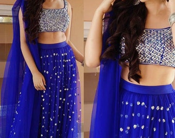 blue net lehenga choli for women indian designer party wear wedding lengha choli Embroidery Sequins work trending custom made chaniya choli