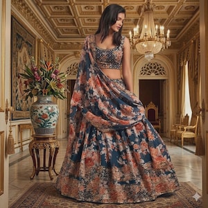 Lehenga Choli de organza con estampado floral: bordado zari y lentejuelas, ropa de fiesta para bodas indias.