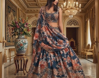 Floral Print Organza Lehenga Choli: Zari & Sequins Embroidery, Indian Wedding Bridal Wear Party Wear