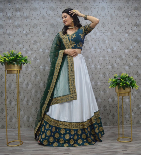 Green & White Lehenga Choli: Indian Wedding Zari Dori Work Lengha - Etsy