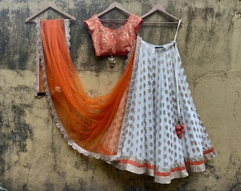 Orange & White Lehenga Choli: Banarasi Silk Indian Wedding Lengha