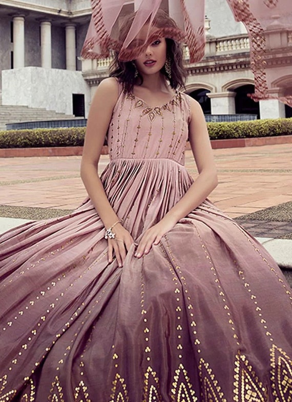 Gown : Pink silk thread and sequence work long anarkali gown