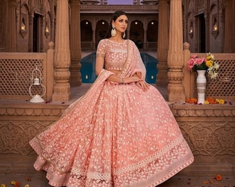 Light Pink Embroidered Butterfly Net Lehenga Choli Set for Indian Weddings, Parties