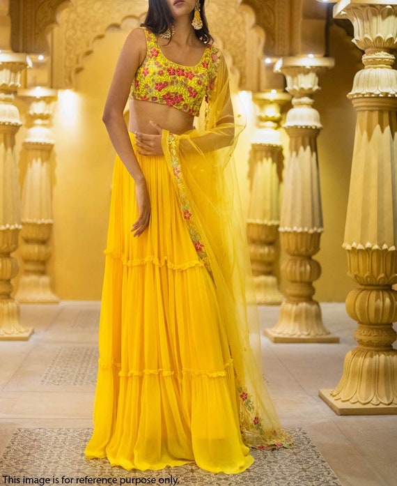Yellow Ruffle Lehenga Choli: Indian Wedding Wear, Haldi Outfit