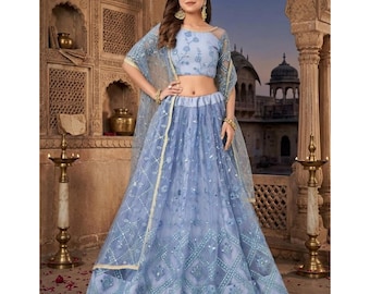 Sky Blue Net Lehenga Choli with Heavy Thread Sequence Embroidery Work