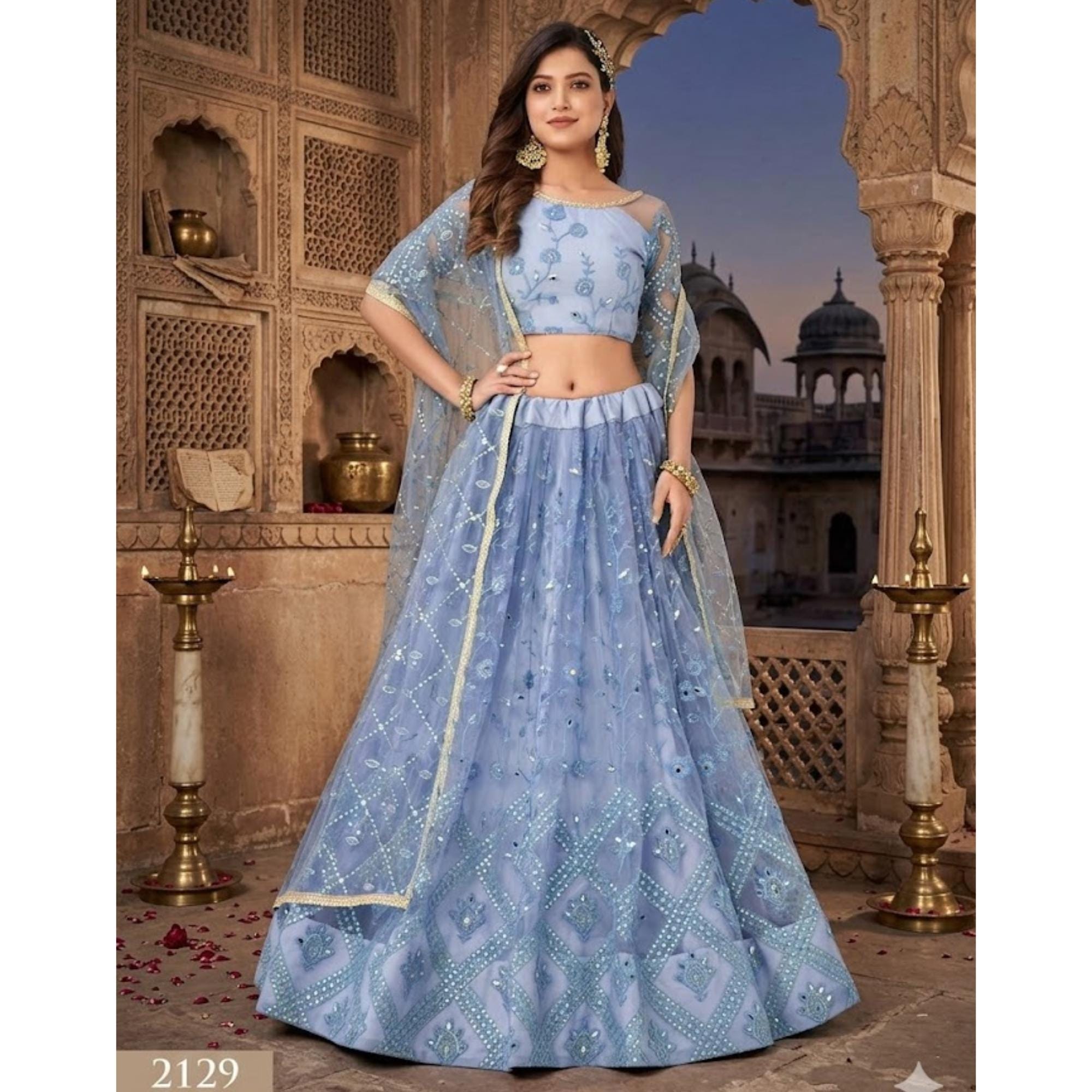 Sky Blue Net Lehenga Choli With Heavy Thread Sequence Embroidery