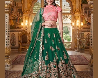 Groen geborduurd net lehenga choli voor dames, Indiase bruiloftsfeestkleding (halfgestikt)