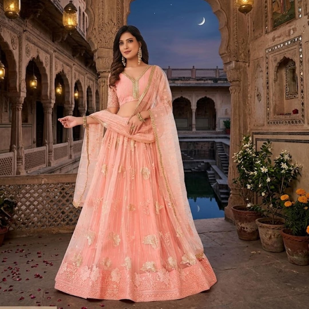 peach and gold indian dress Peach Sequin Lehenga Set main image 0