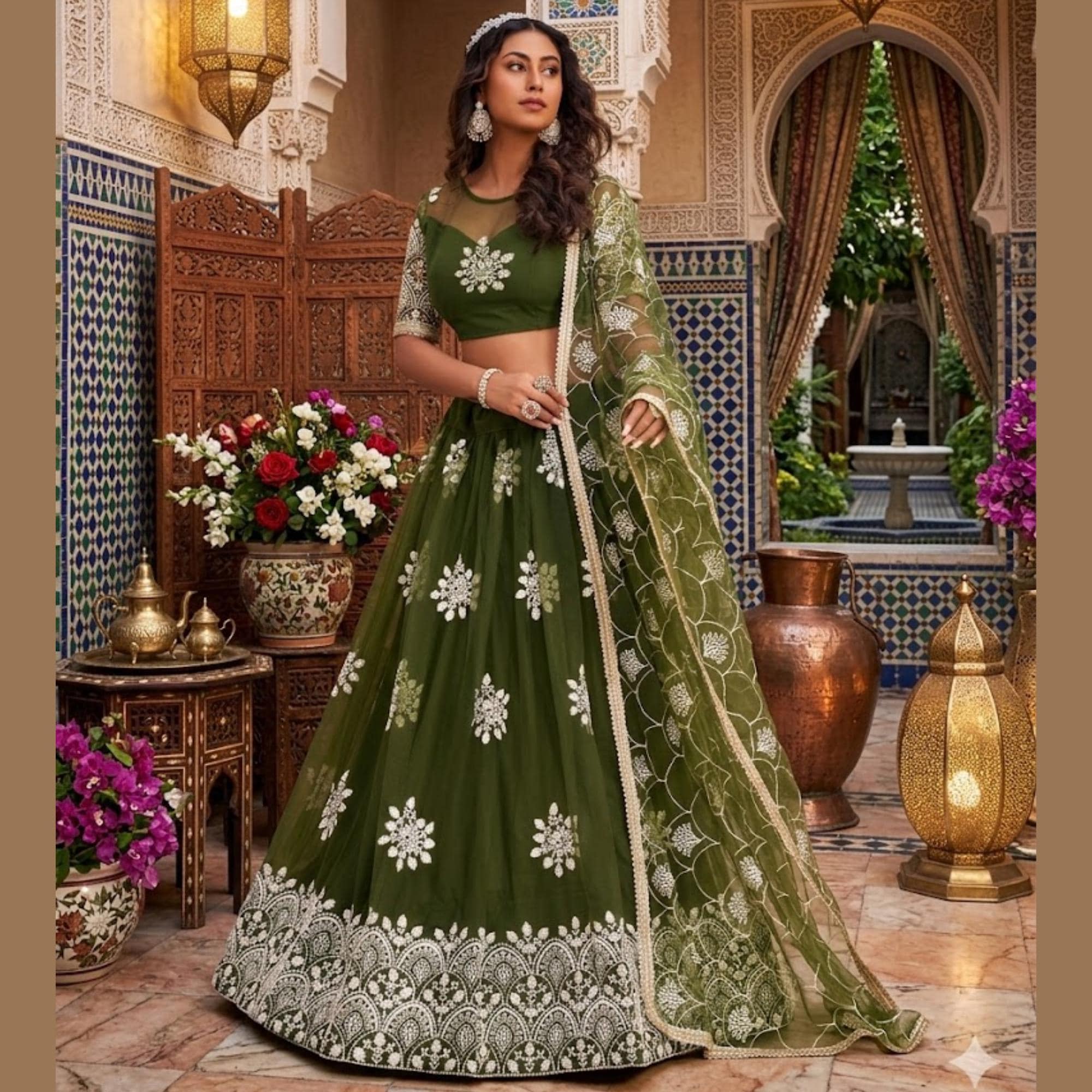 lehenga dress green Andaaz Fashion Women's Sequins Embroidered Georgette Green Pakistani Bridal Wear Lehenga