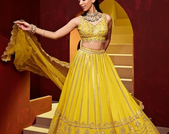 Yellow Lehenga Choli: Indian Wedding Wear, Zari Embroidery Work Haldi Outfits