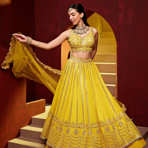 Yellow Lehenga Choli: Indian Wedding Wear, Zari Embroidery Work Haldi Outfits